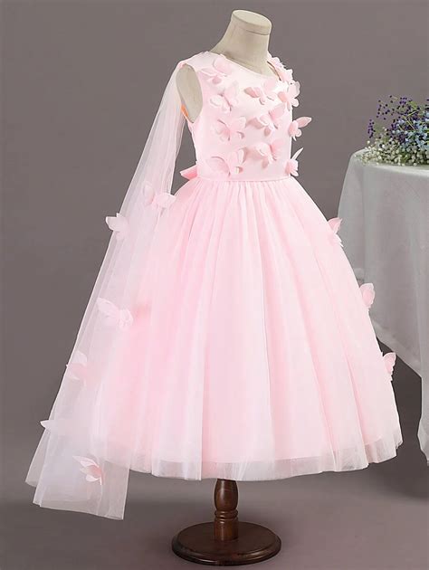 Tween Girl Formal Dress Butterfly Pink Princess Dress Mid Long Length