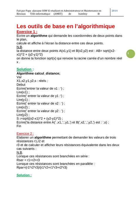 Recueil D Exercices Corriges Algorithme Par Papa Alassane Sow Fichier Pdf