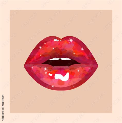 Sexy Sweet Candy Passion Lips On Skin Color Background Shining Gloss Lipstick Erotic Open