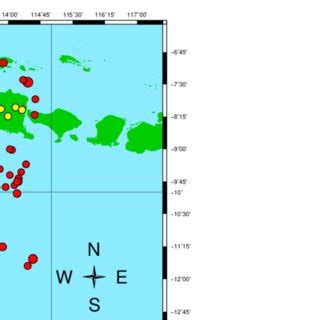 The distribution of earthquakes in East java from 2015 to 2018. The red... | Download Scientific ...