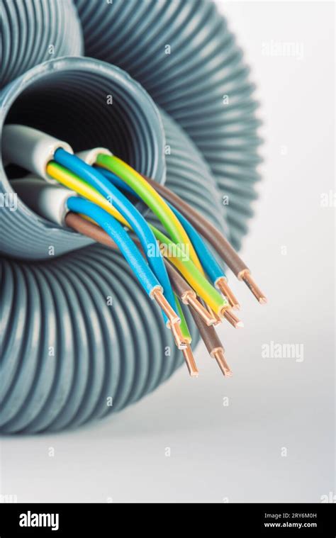 Electric Cable With Corrugated Conduit Protective Pipe Close Up Stock