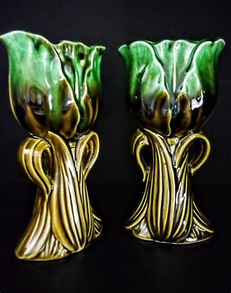 Mcm Pair Of Tulip Shaped Vases Unmarked Gorgeous Midcentury Ceramic Tulip Vases Etsy