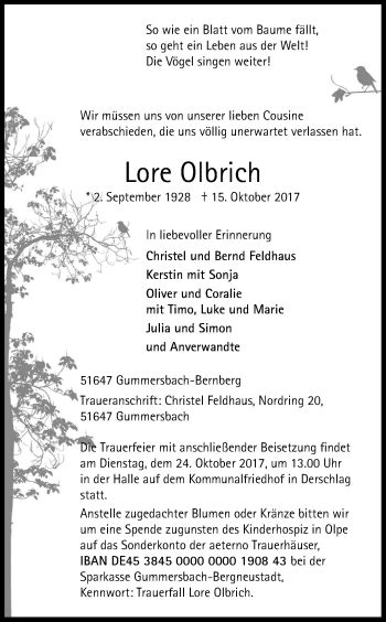 Traueranzeigen Von Lore Olbrich Wirtrauern