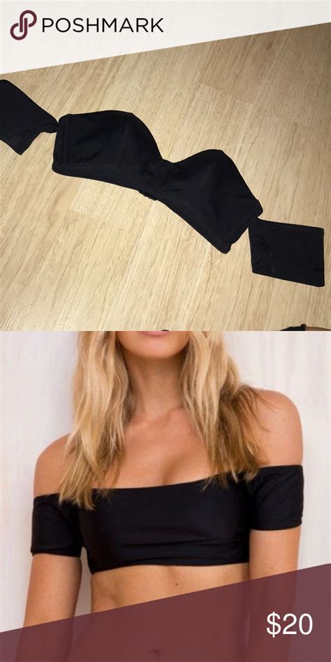 Black Off The Shoulder Short Sleeve Bikini Top Bikini Tops Bikinis