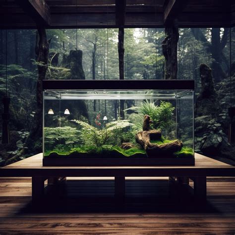 An Aquarium With Plants And Rocks In The Middle Of A Wooden Floored