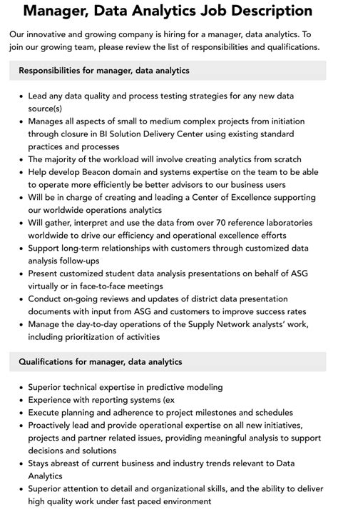 Manager Data Analytics Job Description Velvet Jobs