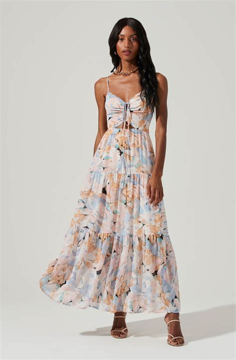 Brandy Floral Cinched Front Cutout Maxi Dress Blue Peach Multi XL