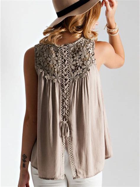 Light Coffee Sleeveless With Crochet Lace Tank Top Fashion Crochet