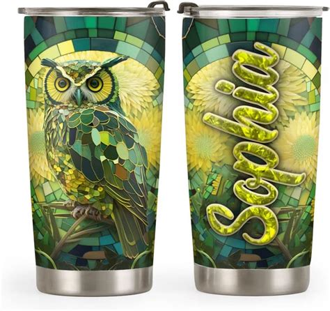 64hydro 20oz Personalized Chrysolite Green Crystal Owl Tumbler Cup Insulated