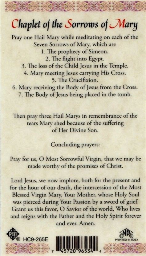 Chaplet Of The Sorrows Of Mary Laminated Prayer Card • 2 75 In 2024 Prayers To Mary