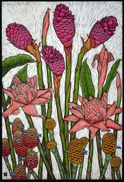 Tropical Gingers Linocut By Rachel Newling Rachelnewling