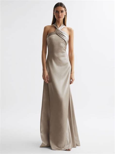 Halston Metallic Halter Neck Maxi Dress In Champagne Reiss