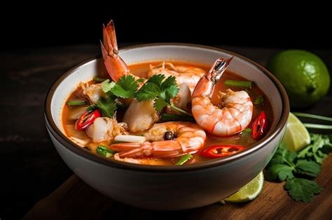 Premium AI Image Bowl Of Piping Hot Tom Yam Soup With Shrimp