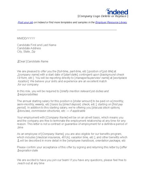 Job Offer Letter Template — Indeed - [ Company Logo Delete or Replace