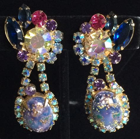 Gorgeous Rare Vintage Juliana D E Dangle Drop Earrings Stippled Blue