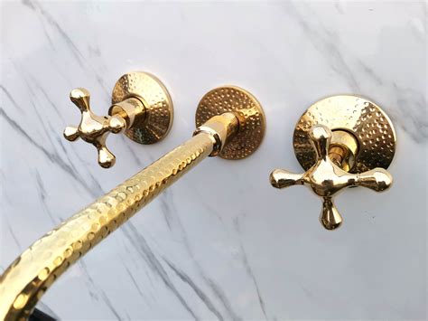 Hammered Brass Wall Mounted Faucet For Bathroom Unlacuered Brass Bathroom Faucets Etsy