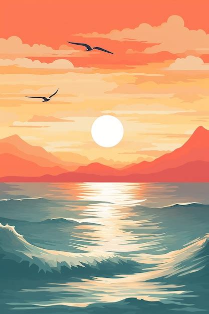 Premium AI Image A Painting Of A Sunset With Mountains And Seagulls