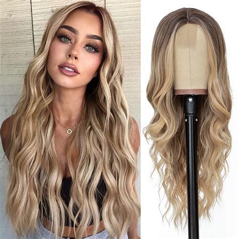 Zaroyeax Long Blonde Wavy Wig For Women Middle Part Curly Wavy