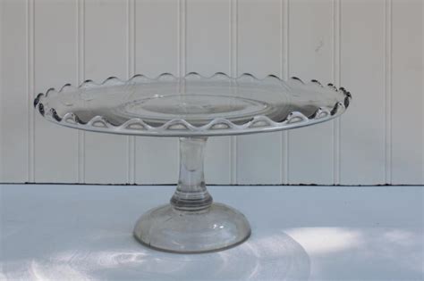 Antique Vintage Pressed Glass Cake Stand Bakery Pedestal Plate W Scalloped Rim