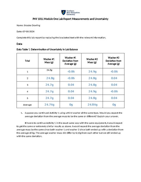 Phy L Module One Lab Report Measurements And Uncertainty Data Data