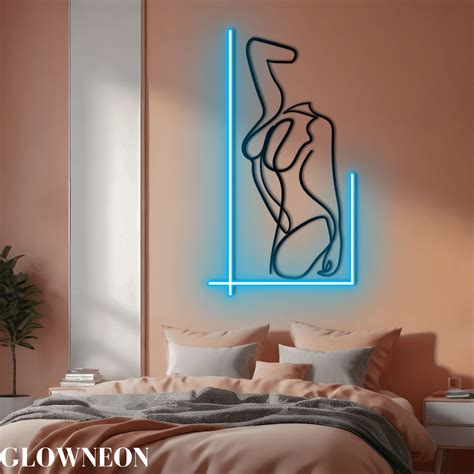 Glowneon Single Line Woman Body Art Minimalist Naked Female Sketch