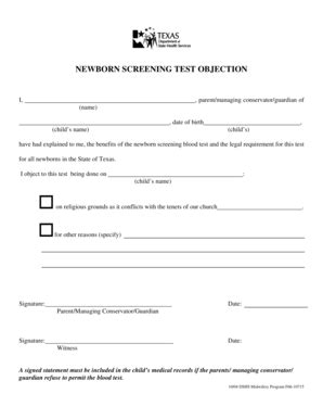 Fillable Online Dshs State Tx Midwife Newborn Screening Test Objection