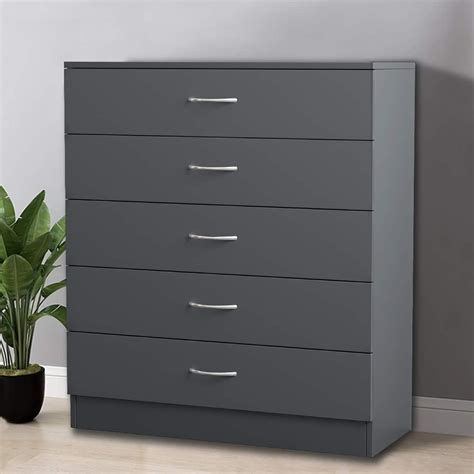 Nrg Grey Tall Narrow Chest Of 5 Drawers With Metal Handles Storage Cabinets Unit 345x36x90cm