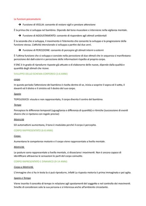 Psicomotricità riassunto dispense Le funzioni psicomotorie Funzione