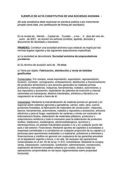 Ejemplo De Acta Constitutiva De Una Sociedad Anonima Ejemplo De Acta Constitutiva De Una