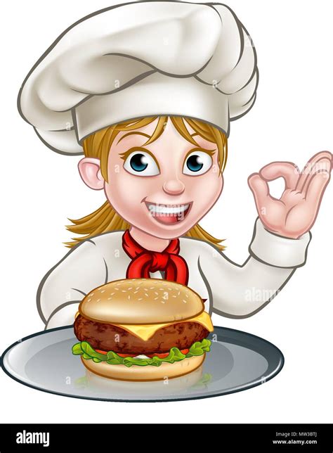 Cartoon Character Chef Woman Holding Burger Stock Vector Image And Art