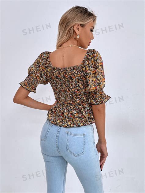 Shein Lune Ditsy Floral Shirred Blouse Shein Euqs