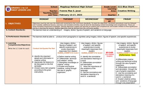 Q3 Week 1 Dll In Creative Writing Grades 1 To 12 Daily Lesson Log