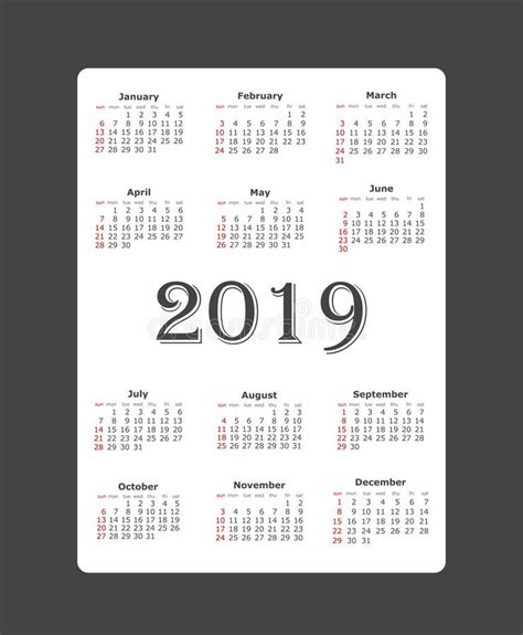 Calendario 2019 Del Ejemplo Del Vector Comienzo De La Semana El Domingo