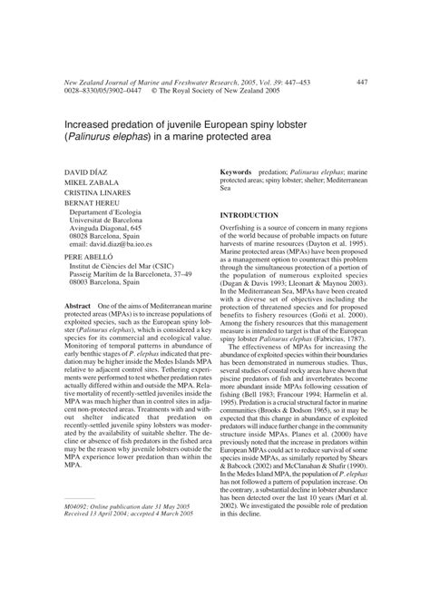 Pdf Increased Predation Of Juvenile European Spiny Lobster Palinurus