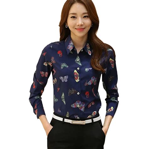 New Womens Butterfly Print Blouses Chiffon Shirts Women Vintage Turn