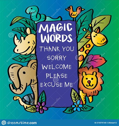 Magic Words Poster With Cute Cartoon Animals Stock Illustration