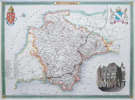 Old Map Of Devon By Thomas Moule Circa Coloured Devon Map