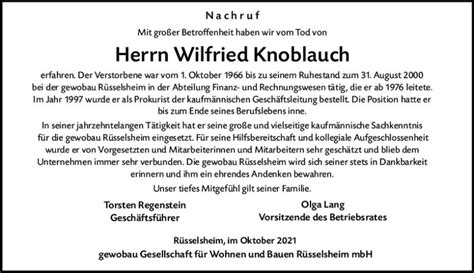 Traueranzeigen Von Wilfried Knoblauch Vrm Trauer De