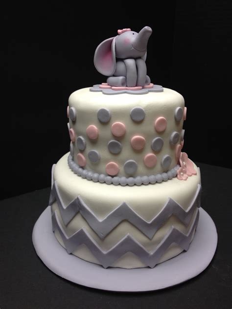 Pink And Gray Baby Shower Cake With Chevrons Dots And Fondant Baby