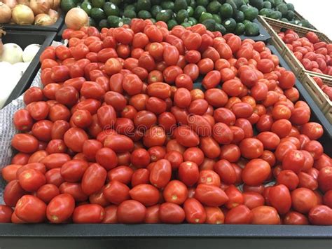 Roma Tomatoes For Sale In Bin At Grocery Store Stock Photo Image Of