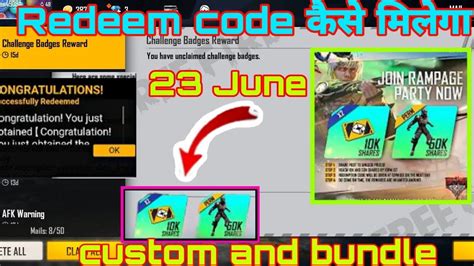 June Redeem Code Today Freefire Ff Custom Bundle Redeem Code