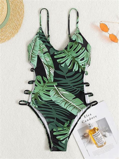 Tropical Print Cut Out Side One Piece Swimsuit Shein Usa