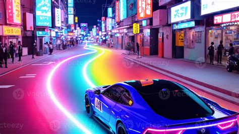 Futuristic Sci Fi Car In The City Night With Neon Light Generative Art