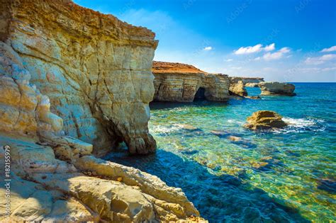 Sea Caves On Coral Bay Coastline Cyprus Peyia Paphos District Stock