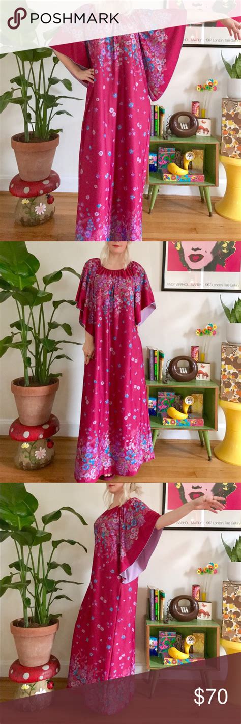 Vintage 70s Floral Angel Sleeve Maxi Dress Caftan Maxi Dress With