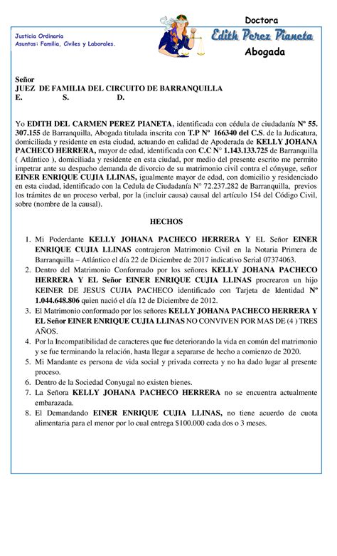 Demanda Divorcio Se Or Juez De Familia Del Circuito De Barranquilla E