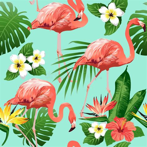 Flamingo Bird And Tropical Flowers Background Seamless Pattern Vector