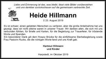 Traueranzeigen Von Heide Hillmann Trauer Kreiszeitung De