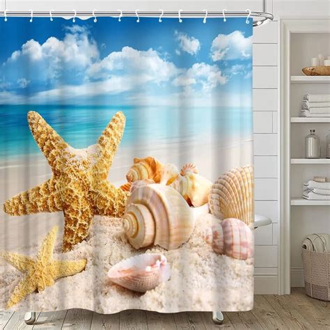 Beach Scenery Shower Curtain Coconut Tree Ocean Starfish Dolphin Shell