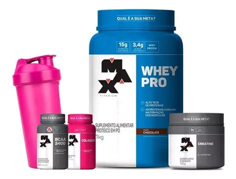 Kit Feminino Whey Bcaa Creatina Colageno Max Titanium